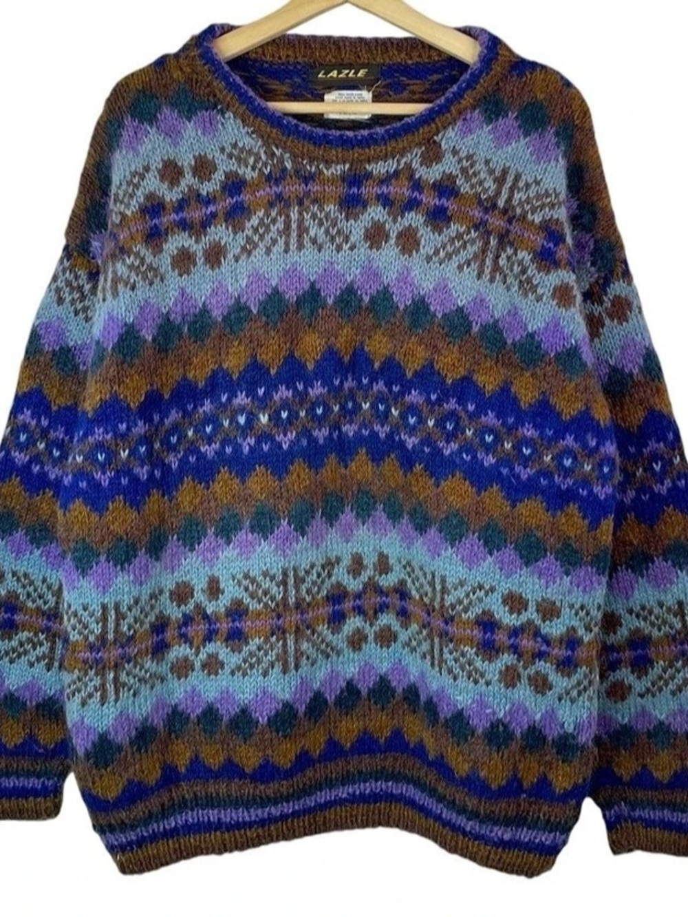 Lazzle Geometric Knit Sweater in Blue & Purple ethnic pattern Nepal Knit
80's wo